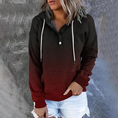 Vista 7 de Sudaderas con capucha para mujer, con cuello de botón, sin botones, con cordón, manga larga, lindas, ropa para adolescentes y niñas