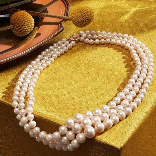 Vista 3 de Ross-Simons 6-11.5mm Cultured Pearl Graduated 3-Strand Necklace With 14kt Yellow Gold