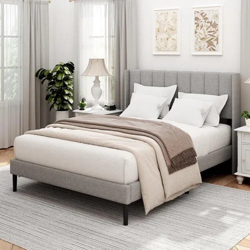 Vista 7 de Sismplly Armazón de cama tamaño completo con cabecero, respaldo acolchado con canales verticales tipo ala, no necesita somier, base de colchón