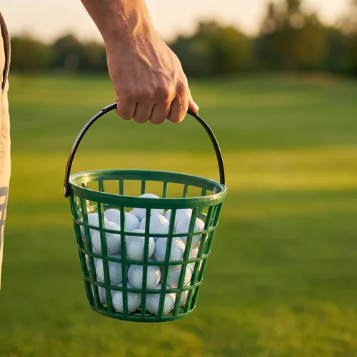 Vista 6 de Bekith Paquete de 2 cestas de plástico para pelotas de golf, cubo de pelota de golf con asa, capacidad para 40-50 bolas, color verde