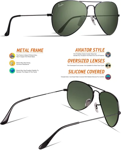 Vista 5 de Berikin Gafas de sol clásicas estilo aviador con revestimiento de espejo para hombres y mujeres, 100% protección UV400, lentes de cristal verde