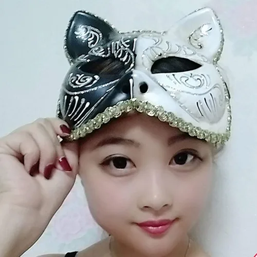 Vista 2 de Campsis Máscaras de gato Kabuki de animales, máscara de máscaras negras para Halloween, disfraz veneciano, máscaras de fiesta para mujeres y niñas