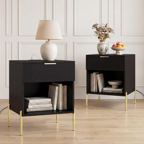 Vista 9 de Giantex Nightstand with Charging Station, Mid Century Modern Bedside Table with Storage Drawer & Open Compartment, End Table w/Wood Grain & Metal