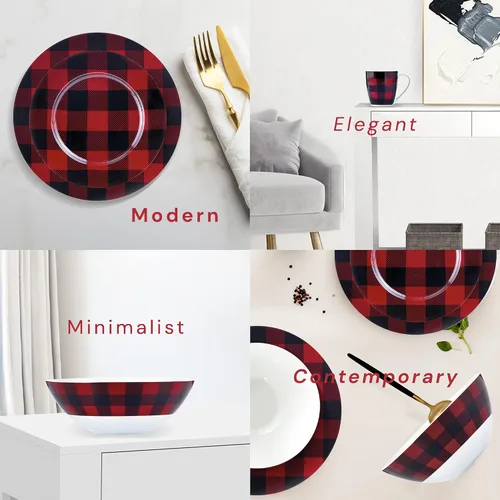 Vista 6 de Safdie & Co. - Juego de vajilla de 16 piezas, color rojo y negro, de porcelana, incluye cuencos, platos y tazas, apto para lavavajillas