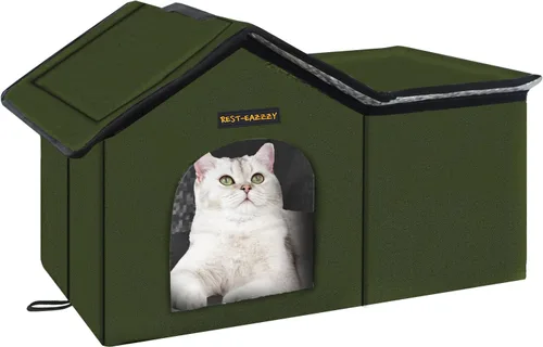 Vista 11 de Rest-Eazzzy Casa para gatos al aire libre, resistente a la intemperie y aislada, con alfombrilla y toldo, fácil de poner, refugio para gatos Negro