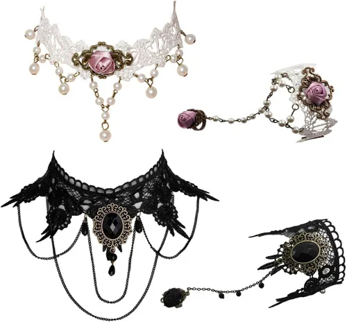 Vista 9 de Eigso Gargantilla de encaje retro estilo gótico vintage con colgante de cadena de cuentas, vampiro para mujer A2: negro