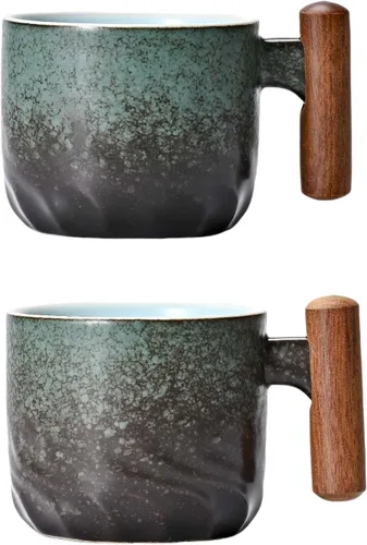 Vista 7 de Zurucily Juego de 2 tazas de espresso de 2 onzas, tazas de espresso de cerámica con asa de madera, tazas de té pequeñas Negro