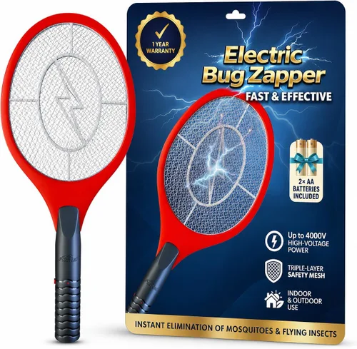 Vista 8 de Raqueta matamoscas eléctrico para mosquitos, moscas e insectos voladores, matamoscas de mano de 18 pulgadas para uso en interiores y exteriores, 2
