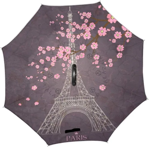 Vista 2 de MRMIAN Vintage Eiffel Tower Plum Cherry Blossoms Windproof Inverted Open Close Reverse Rain Umbrella Inside Out Quality Waterproof Parasol Upside