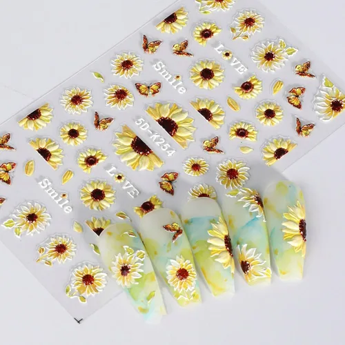 Vista 3 de 4 hojas de calcomanías de girasoles para uñas, calcomanías 5D en relieve de flores de sol de verano, calcomanías de uñas grabadas con flores