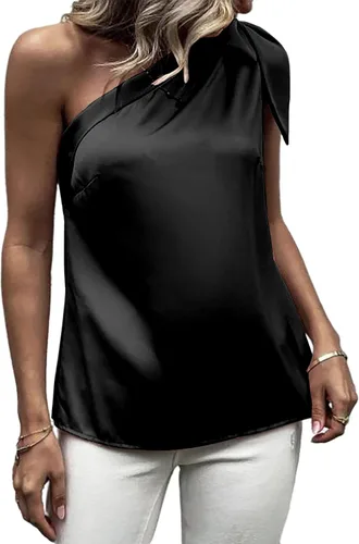 Vista 3 de Rooscier Blusa de oficina elegante de gasa con nudo de lazo y un hombro para mujer