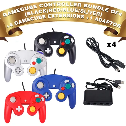Vista 2 de 4 Pack Game cube Controller Bundle with 4 Extension Cords and a 4-Port Adapter for S-witch PC Wii U Console