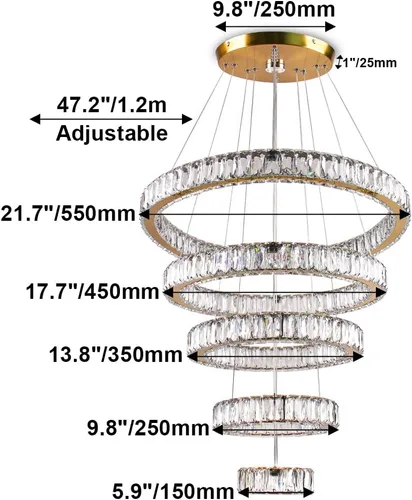 Vista 4 de Lámpara candelabro LED de cristal grande, moderna de 5 anillos, luz colgante ajustable para dormitorio, comedor, cocina (blanco cálido).