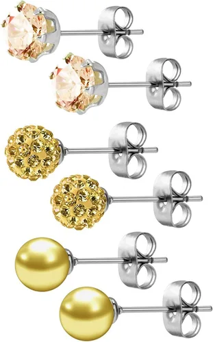 Vista 39 de JewelrieShop - Juego de aretes de tuerca de acero inoxidable con circonitas cúbicas y perlas de imitación, 3 pares de 0.236 in