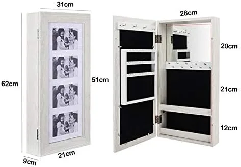 Vista 2 de Armarios de madera para colgar con marco de fotos, armario de joyería con cerradura con espejo interior, caja organizadora de joyas para ahorrar