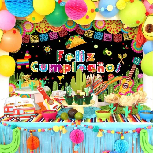 Vista 2 de Avezano Feliz Cumpleaños Fondo de Fiesta Mexicana Fiesta Fotografía Fondo Fiesta Cactus México Cinco De Mayo Carnaval Banner 70.8 x 43.3 pulgadas