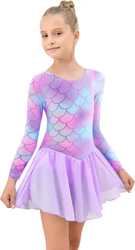 Vista 6 de EQSJIU Leotardo de ballet de manga larga con falda tutú para niñas, baile, gimnasia, niños pequeños, vestido de fiesta de copo de nieve brillante