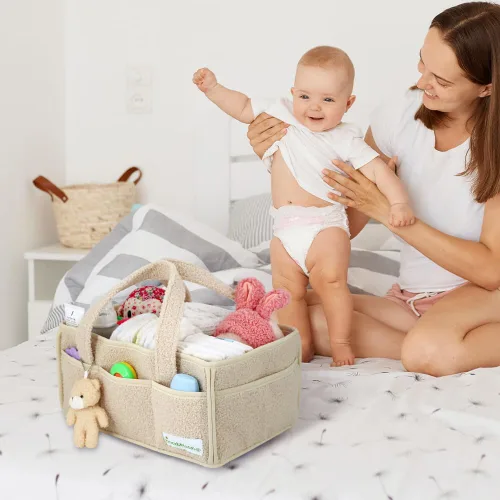 Vista 7 de Buzz&Bloom Organizador de pañales de peluche para bebé, elegante cesta de almacenamiento para artículos esenciales para recién nacidos y estación