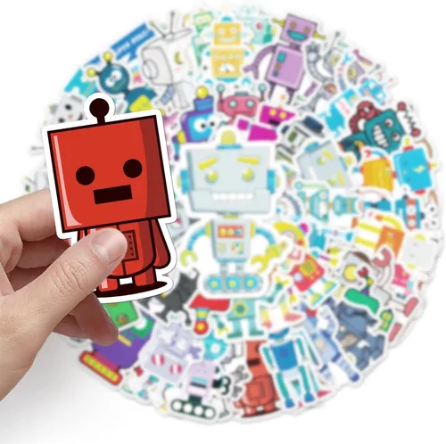 Vista 5 de 50 calcomanías de robot bonitas, calcomanías impermeables de vinilo con temática científica para computadora, patineta, laptop, botella de agua