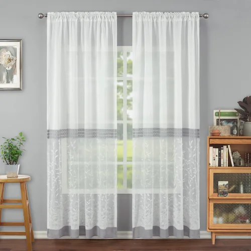 Vista 9 de VOGOL Cortinas transparentes con patrón de hojas bordadas, paneles de ventana blancos con ribete de encaje para sala de estar y dormitorio, cortinas