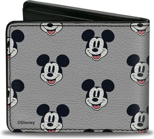 Vista 2 de Cartera de Disney, plegable, con monograma de cara sonriente de Mickey Mouse, color gris, cuero vegano, Mickey Mouse, Cartera