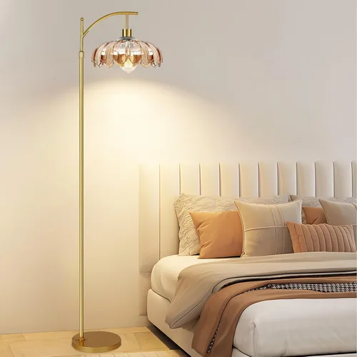 Vista 7 de AHDWDW Lámpara de pie de arco dorada para sala de estar con control remoto, lámparas de pie modernas regulables con pantalla de vidrio ámbar