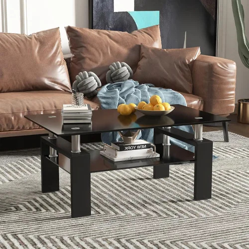 Vista 2 de IANIYA Mesa auxiliar rectangular de vidrio templado, patas de tubo de metal, mesa auxiliar para sala de estar (todo negro)