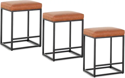Vista 9 de Juego de 3 taburetes de bar marrones para encimera de cocina, taburetes de bar modernos sin espalda de 24 pulgadas, taburetes de bar industriales