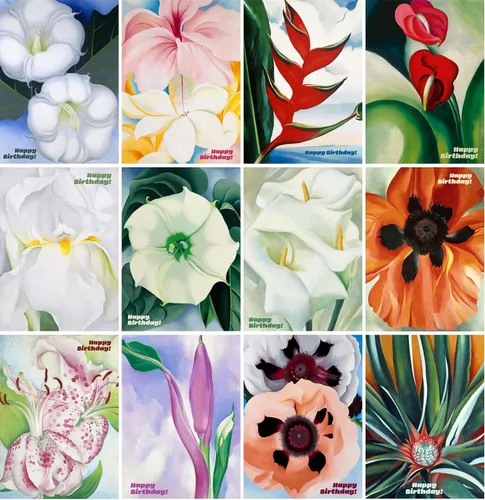 Vista 2 de PIXILUV Tarjetas de felicitación de feliz cumpleaños 12 tarjetas de notas ~ Increíbles flores fantásticas y deseos de cumpleaños de Georgia O'Keeffe