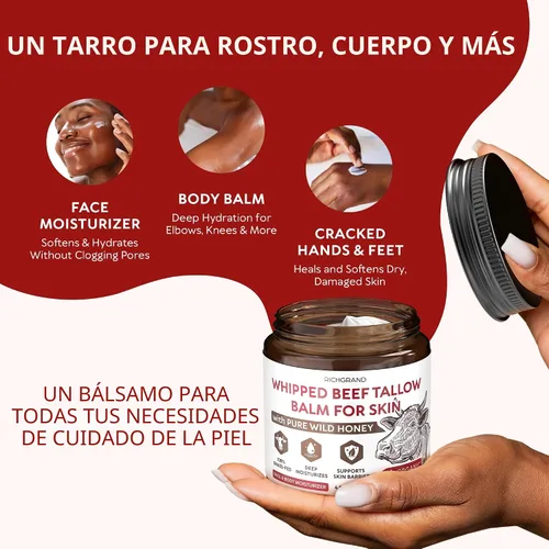 Vista 5 de RICHGRAND Sebo de res para la piel - Bálsamo de sebo batido y miel - Sebo de res alimentado con pasto para la cara, hidratante diario y manteca