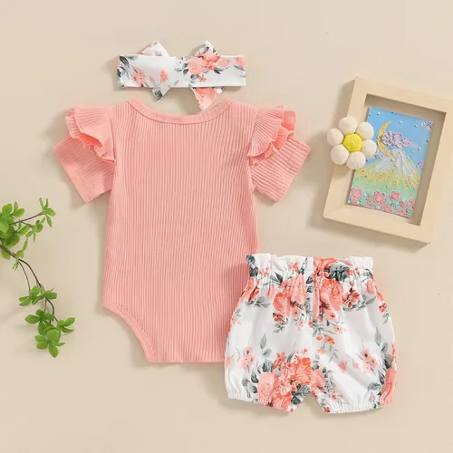 Vista 6 de Traje de tía para bebé recién nacida, camiseta de manga corta acanalada, pantalones cortos florales con diadema