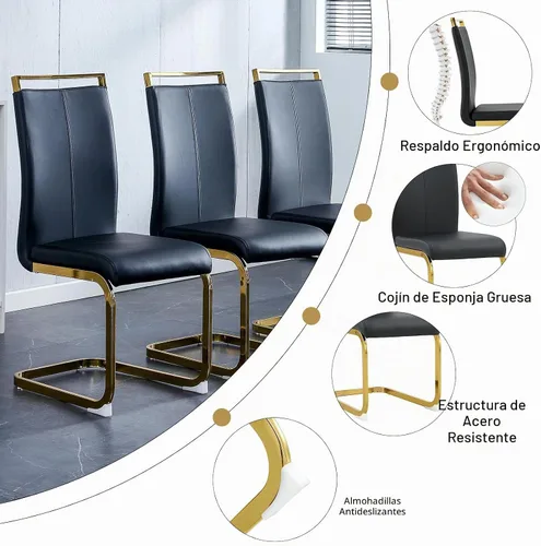 Vista 5 de Conjunto de mesa y sillas de comedor Ebullient para 4, mesa rectangular negra de MDF y sillas de cuero PU negro, juego de mesa de comedor de 5