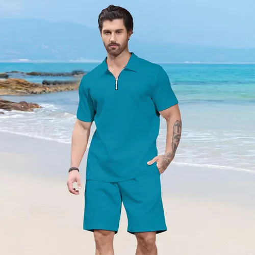 Vista 2 de Aulemen Conjunto deportivo de 2 piezas con cremallera para hombre, manga corta, camiseta polo y pantalones cortos, conjuntos de verano para hombre
