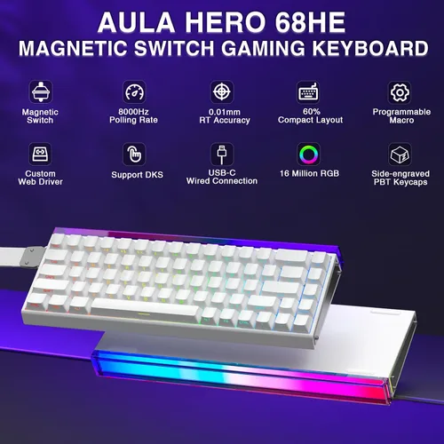 Vista 2 de AULA Hero 68 HE 60% Teclado para juegos con cable, interruptor magnético de efecto Hall con accionamiento ajustable, modo de disparo rápido, tasa
