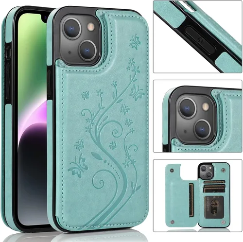Vista 3 de Funda de teléfono para iPhone 14 de 6.1 pulgadas con protector de pantalla de vidrio templado y tarjetero con soporte para tarjetero, soporte