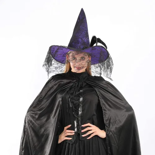 Vista 6 de ReneeCho Sombrero de bruja para mujer, accesorios de disfraz de Halloween, color morado, disfraz de mascarada para adultos