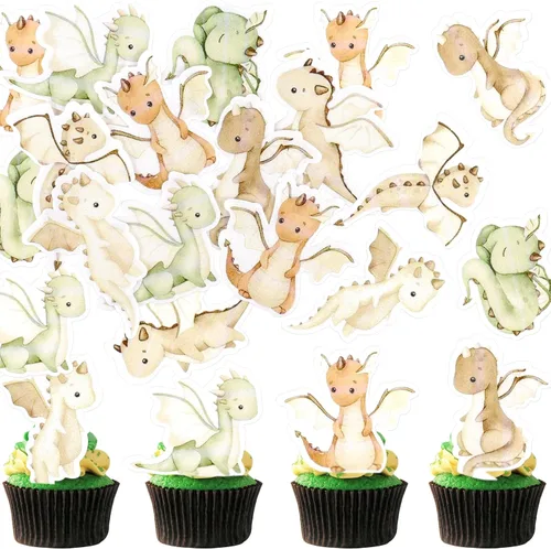 Vista 7 de 40 piezas comestibles de dinosaurio para cupcakes, papel de oblea, dinosaurio, bebé, dinosaurio, magdalena, decoración para fiestas de cumpleaños