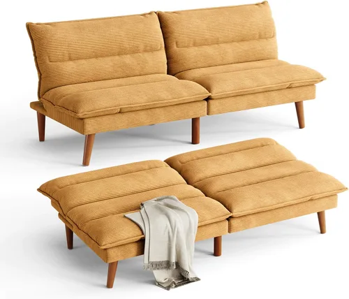 Vista 9 de LINSY Sofá cama futón de pana de 71 pulgadas con respaldo ajustable, futones plegables convertibles para espacios pequeños, salas de estar Beige