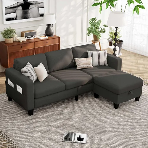 Vista 8 de Sofás Seccionales para Sala de Estar - Sofá Moderno en Forma de L de Lino Gris Oscuro de 3 Plazas con Otomana de Almacenamiento Reversible