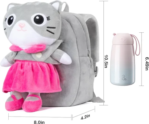 Vista 3 de HONGTEYA Mochila de felpa suave para niños pequeños, Gris, Muñeca de gato