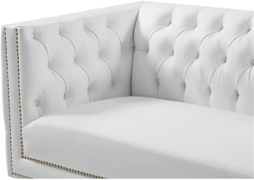 Vista 10 de Meridian Furniture 651White-S Colección Michelle Moderna Sofá contemporáneo con botones profundos, ribete dorado de cabeza de clavo y patas