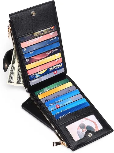 Vista 6 de GOIACII - Carteras para mujer de dos pliegues con bloqueo RFID y 2 bolsillos con cremallera, Negro, M