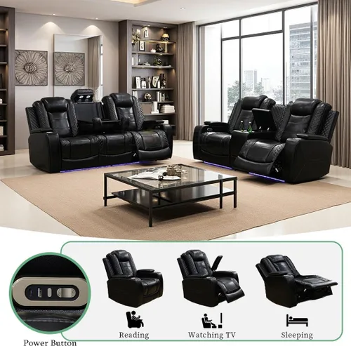 Vista 109 de Juego de sofá reclinable eléctrico, seccional de cuero transpirable beige, juego de muebles de sala de estar, 2 piezas, sofá reclinable eléctrico