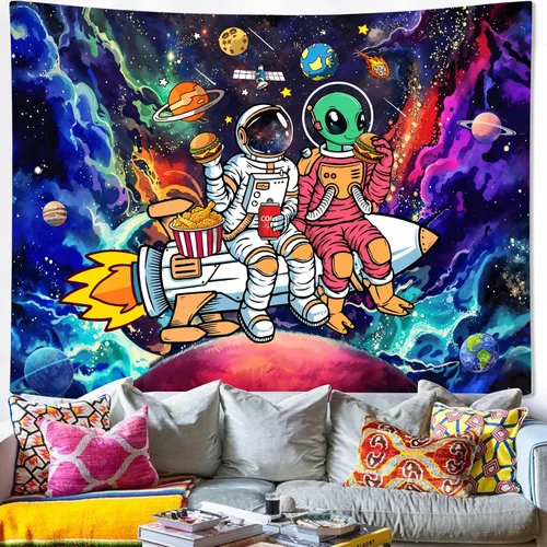 Vista 2 de Accnicc Divertido tapiz de astronauta espacial alienígena para dormitorio, estético, cohete, universo, galaxia, planetas, tapices para colgar