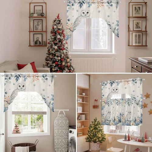 Vista 7 de Cortinas de cocina con cenefa de eucalipto de Navidad, con bolsillo para barra, cortinas para dormitorio, sala de estar, baño, cafetería, ventanas