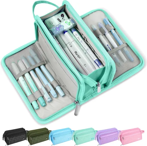Vista 10 de Sooez Estuche grande para lápices, bolsa para lápices de gran capacidad con 3 compartimentos, organizador portátil de artículos de papelería de lona