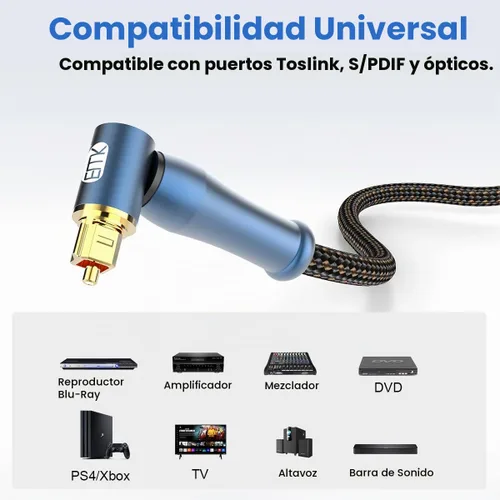 Vista 3 de EMK Cable óptico Toslink de 90 grados con conector de oro de 24K, cable de fibra óptica S/PDIF Toslink macho a macho de 360 grados con enchufe