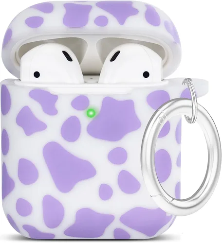 Vista 10 de LitoDream - Funda de silicona suave y flexible con llavero para Apple AirPods 2 y 1, para niñas (vaca; blanco con cactus)