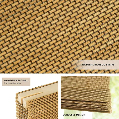 Vista 2 de LazBlinds - Cortinas romanas de bambú personalizadas sin cordón, tratamiento de ventana con filtro de luz, persianas enrollables de bambú retro