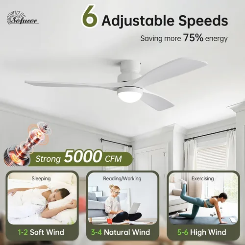 Vista 7 de Sofucor Ventilador de techo inteligente de 52" con luces y control remoto Todo blanco